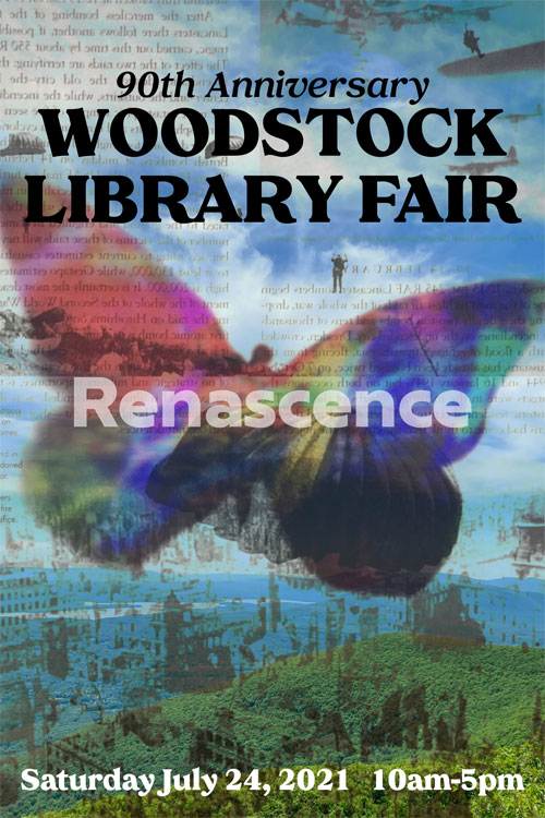 a poster with blue sky, clouds and a large, multi-colored butterfly in the middle. 