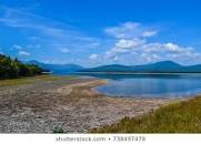 water in a reservoir, with blue skies, white puffy clouds and some trees.