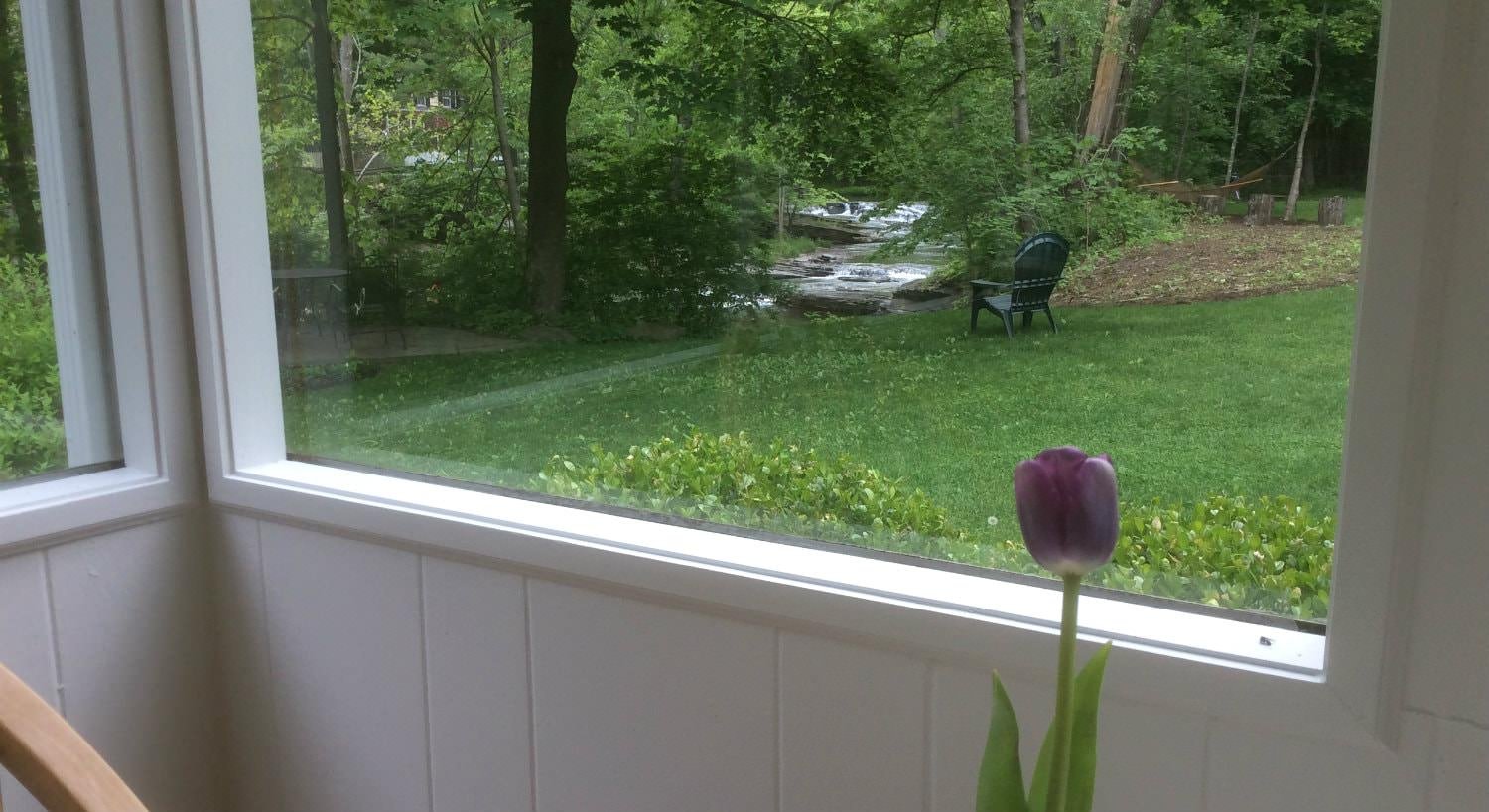 View through the window of a grassy lawn, a rippling stream, and lots of green trees