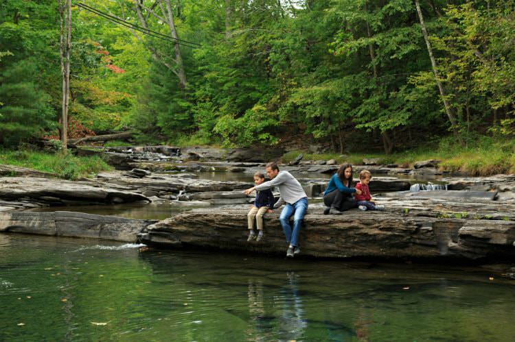 A father, mother and their two boys on a small rocky ledge overlooking the stream surrounded by green woods