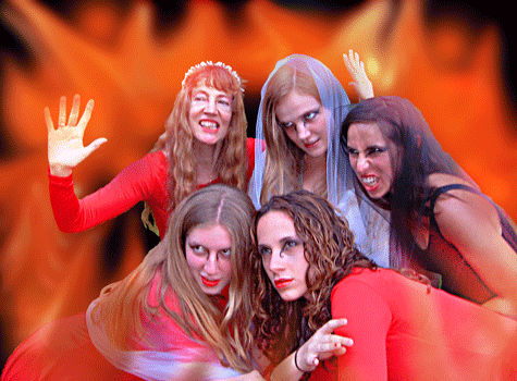 women dressed in red clothes, with wicked looking faces.