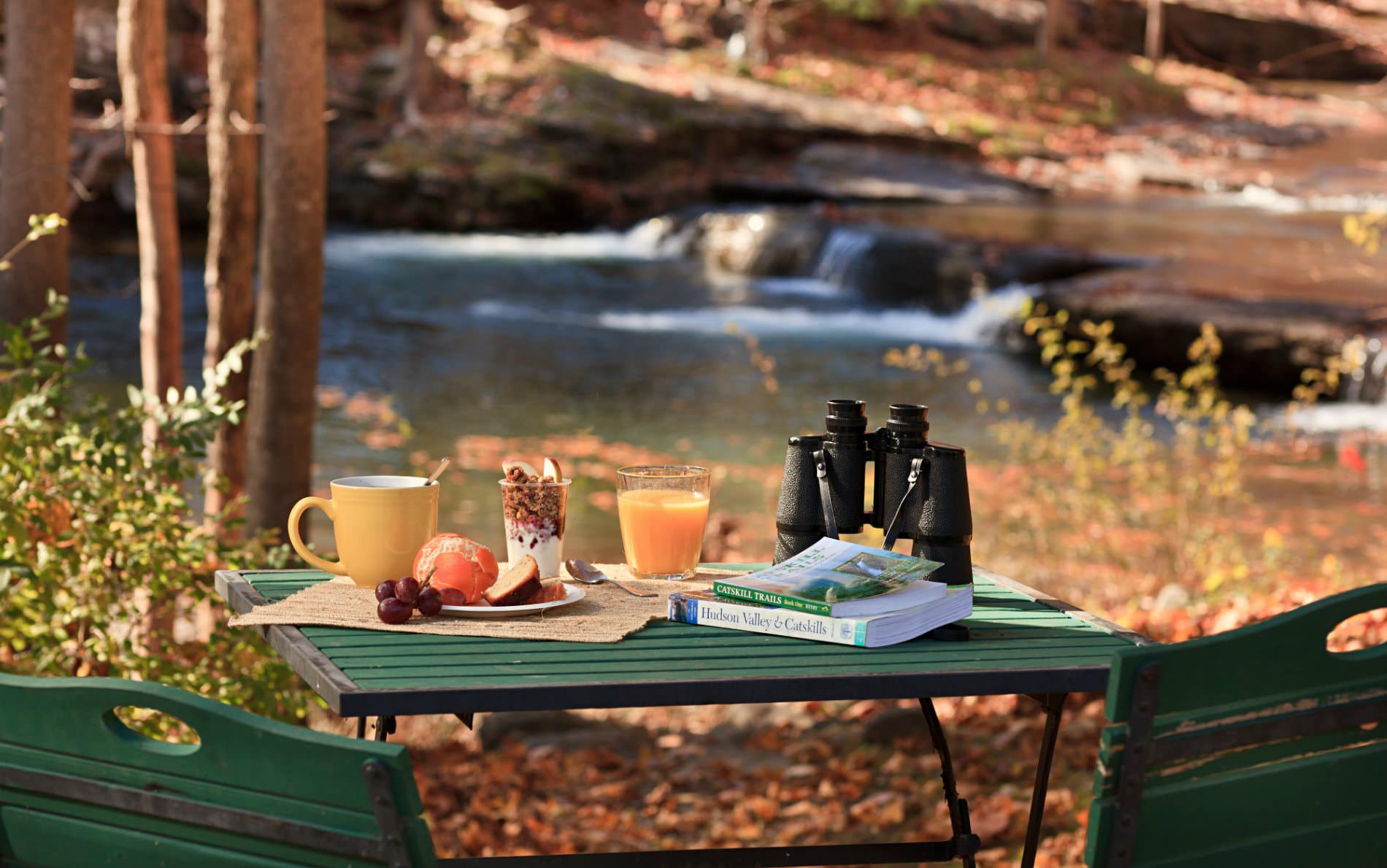 Green table topped with a mug, yogurt and granola, glass of juice, fresh fruit, binoculars, in front of rippling stream