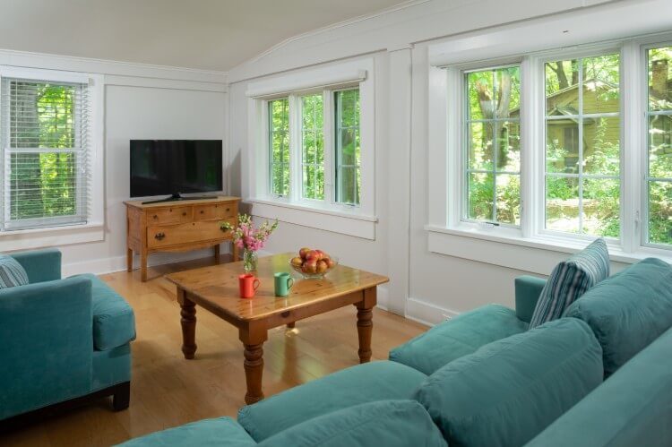 a green couch with a coffee table in the middle.