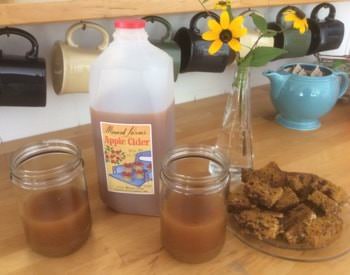 Bottle and two glasses of apple cider, plate of dessert, vase of yellow flowers on butcher block counter