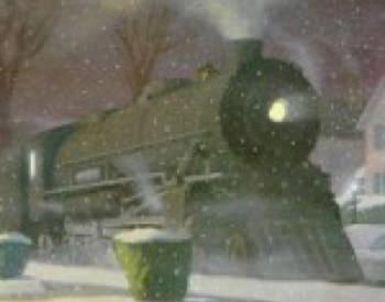 Hazy view of train at dusk surrounded by snow covered ground and snow flurries with bare trees in background