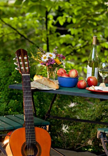 Acoustic guitar propped against a green table covered with white wine, fresh flowers, fresh bread and red apples